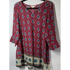 Simply Noelle Womens Red V-Neck Geometric Blouse Size S/M (8/10) Relaxed Tunic